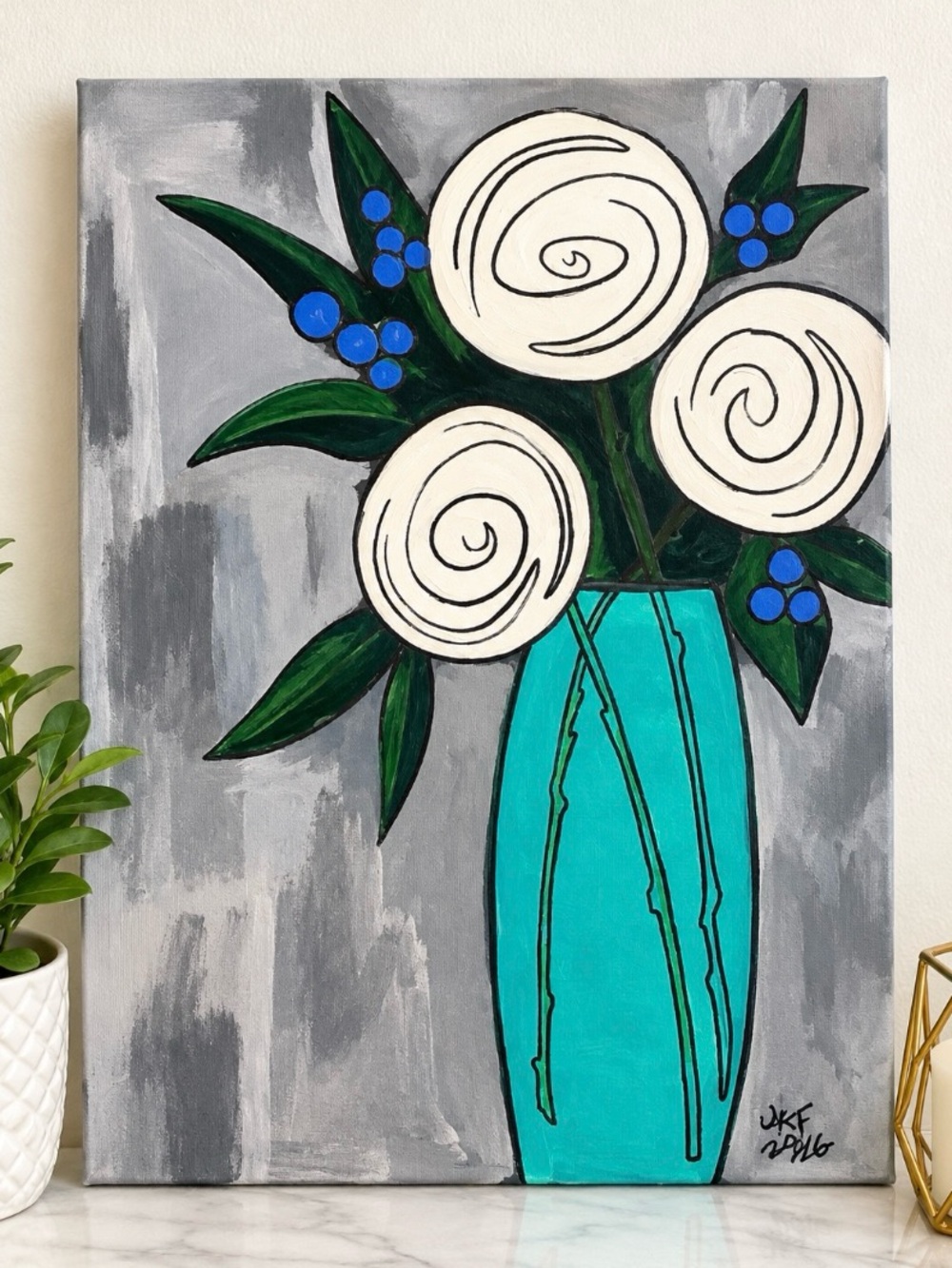 Turquoise Vase Floral Canvas Art - Contemporary Turquoise and Cream Bouquet